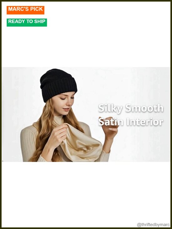Satin Lined Beanie Women Slouchy Knit Hat Cashmere Wool Blend Hair Friendly main image 4